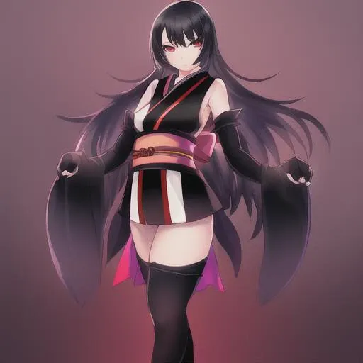 1girl, black hair, black legwear, elbow gloves, fingerless gloves, full body, gloves, gradient, gradient background, japanese clothes, kimono, long hair, obi, red eyes, sash, short kimono, sleeveless, sleeveless kimono, solo, standing, thighhighs, anime girl