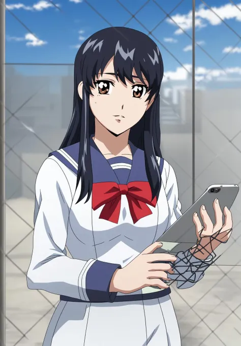 <lora:Yuri_Honjo:0.8>, Yuri_Honjo, 1girl, solo, holding, upper body, outdoors, sky, day, cloud, sailor collar, red bow, blue sky, phone, cellphone, fence, chain-link fence, anime coloring