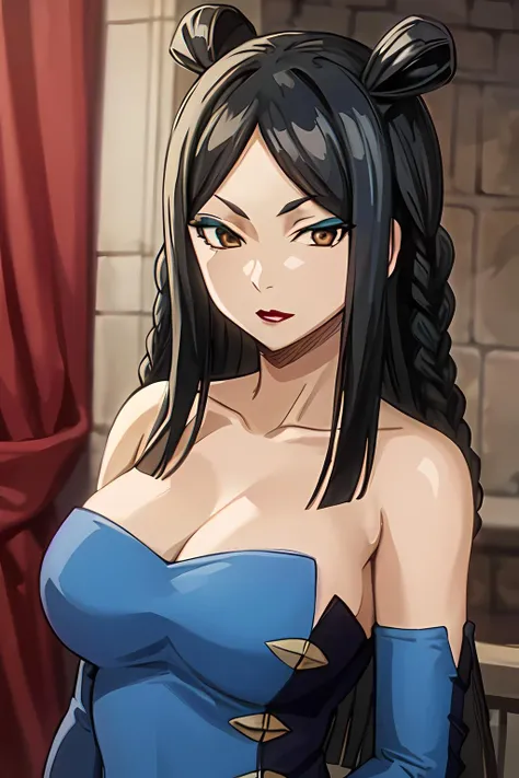 masterpiece, absurdres , (intricate details), (colorful),cinematic lighting,bust shot,extremely detailed CG unity 8k wallpaper, 1girl, minervaorland, <lora:minervaorland:0.8>, blue dress, makeup, eyeshadow, red lips, elbow gloves, blue gloves, side slit, looking at viewer, close-up,