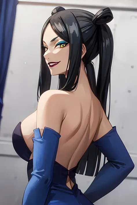 masterpiece, absurdres , (intricate details), (colorful),cinematic lighting,bust shot,extremely detailed CG unity 8k wallpaper, 1girl, minervaorland, <lora:minervaorland:0.8>, blue dress, makeup, eyeshadow, red lips, elbow gloves, blue gloves, side slit, evil grin, looking at viewer,