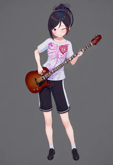 <lora:Rin_Rokuhara:.8>, Rin, 1girl, black shorts, wink, shirt, solo, full body, standing, guitar, instrument, holding instrument, skeleton print, looking at viewer, ponytail, simple background, grey background, long hair, bangs, short sleeves, white shirt, smile,
