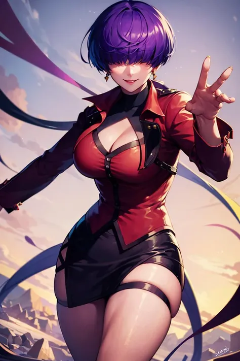 ((masterpiece,best quality)), absurdres, <lora:Orochi_Shermie:0.7>, Orochi_Shermie, solo, smiling, looking at viewer, cowboy shot, cinematic composition, dynamic pose