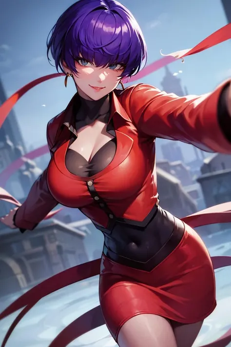 ((masterpiece,best quality)), absurdres, <lora:Orochi_Shermie:0.6>, Orochi_Shermie, solo, smiling, looking at viewer, cowboy shot, cinematic composition, dynamic pose