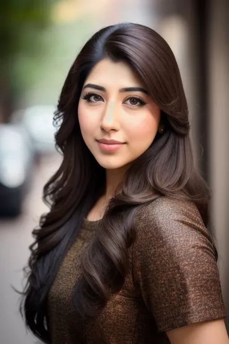 a professional portrait photo of a 27 year old sonarikabh women, with light brown eyes, black hair, highly detailed features, city bokeh background, perfect eyes,