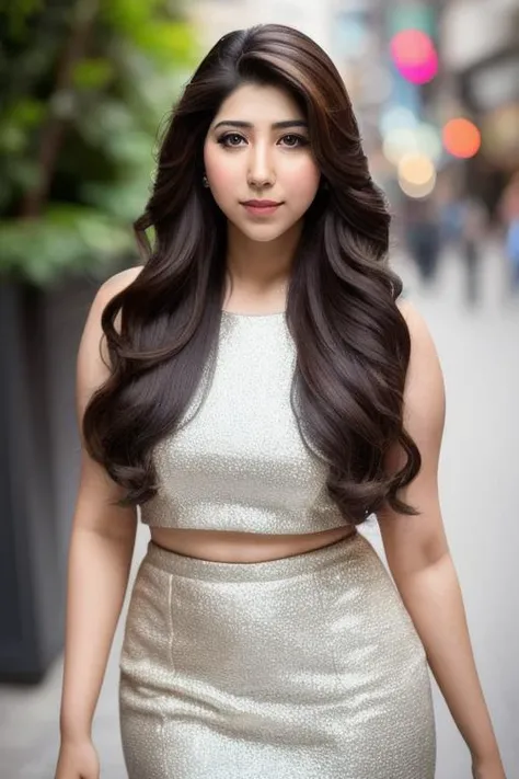 a professional portrait photo of a 27 year old sonarikabh women, with light brown eyes, black hair, highly detailed features, city bokeh background, perfect eyes,
