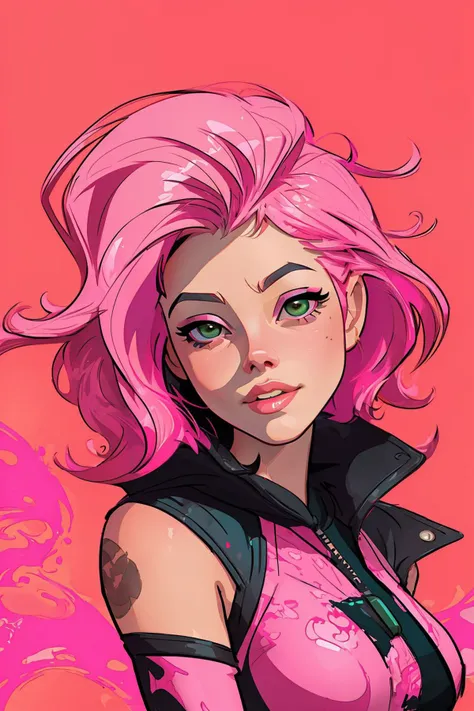{4k image}, 1 naked Beautiful woman, 1, short pink hair undercut , pales skin,slim body,green eyes, wide lips, small boobs, tattoos and piercings,punk rock,background city (unfocused),  laughing, manga lineart (with colors), {just face and chest photo}, {centered image}