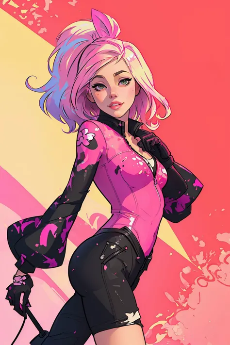 Open shirt, A stunning illustration ((Patrick Nagel Style)), A girl with pink hair, with blue cyberpunk outfit, in a colorful meadow, at night, flat colours, no shadows, Full Nude, Vagina, hairy Pussy
