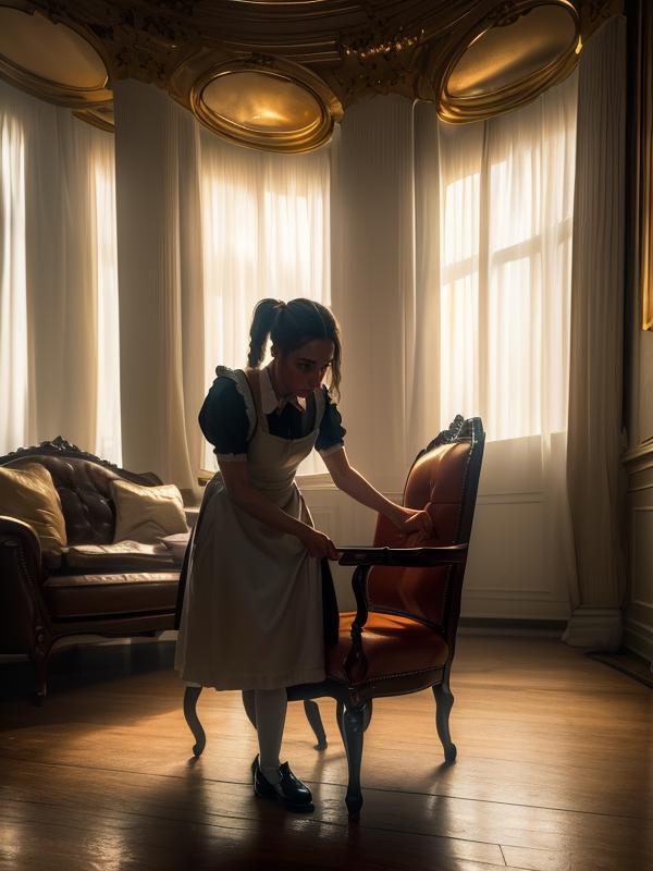 Arafed woman in maid dress cleaning a chair in a room - SeaArt AI