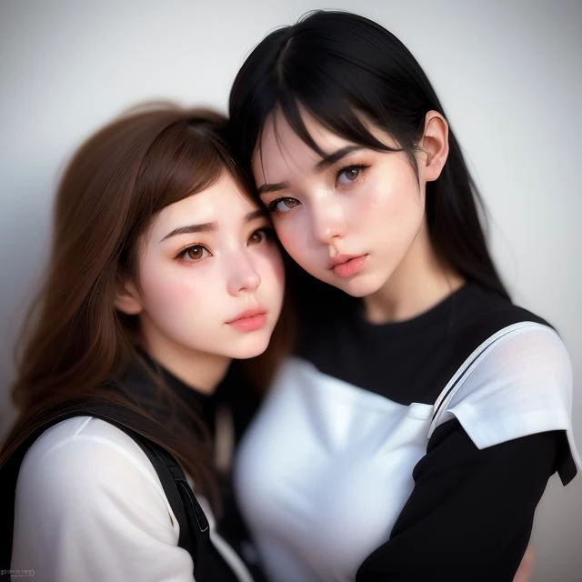 2girls,sitting and hugs, hugging, in the style of artgerm and range murata and wlop and ilya kuvshinov, intricate, hyper detailed, smooth, sharp focus, soft light, octane render, rim light, art, dramatic lighting, trending on artstation, octane render