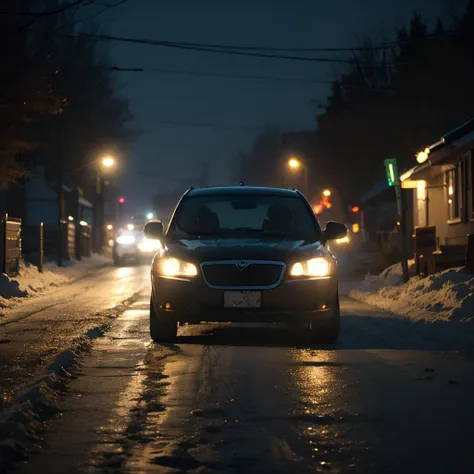 a car driving down a snowy road at night, rally driving photo, shadow over innsmouth,  roads, nobody here, empty streets, in the early morning,  frontal picture, corduroy road, photo taken at night, small town, by Phillip Peter Price