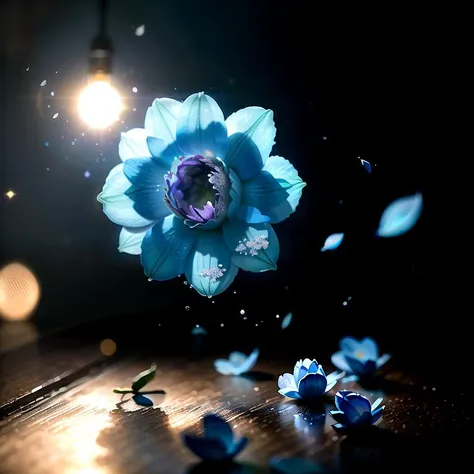 photoreal+, photorealistic+, (large blue flower falling)++ on the table, 1flower, solo, flower petals scattered around, (macro photography), dramatic lighting, atmospheric, vaporwave, diamond dust bokeh, freeze frame