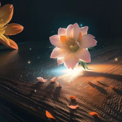 photoreal+, photorealistic+, (orange flower falling)++ on the table, blossom flies down in the air, 1flower, solo, flower petals scattered around, (macro photography), RAW photo, best quality, masterpiece, hard shadows, sharp focus, 32k, cinematic, wide-angle, movie still, sharp lens, high contrast, 100mm, film photography, dramatic lighting, atmospheric, volumetric lighting, perfect, dynamic colors, HDR, artistic, celestial, crystalline, natural wonder, expressive, uhd, award winner, vibrant, absurdres, Perfectly composed, vaporwave, Schlieren, diamond dust bokeh, hyperrealistic