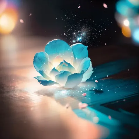 photoreal+, photorealistic+, (cyan flower falling)++ on the table, blossom flies down in the air, 1flower, solo, flower petals scattered around, (macro photography), RAW photo, best quality, masterpiece, hard shadows, sharp focus, 32k, cinematic, wide-angle, movie still, sharp lens, high contrast, 100mm, film photography, dramatic lighting, atmospheric, volumetric lighting, perfect, dynamic colors, HDR, artistic, celestial, crystalline, natural wonder, expressive, uhd, award winner, vibrant, absurdres, Perfectly composed, vaporwave, Schlieren, diamond dust bokeh, hyperrealistic