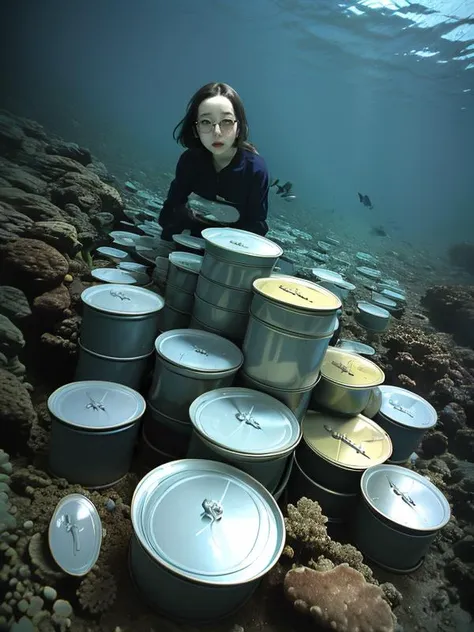 (piles of tins:1.2), woman in underwater,under the ocean ,by hayao miyazaki color style, by kenyanui