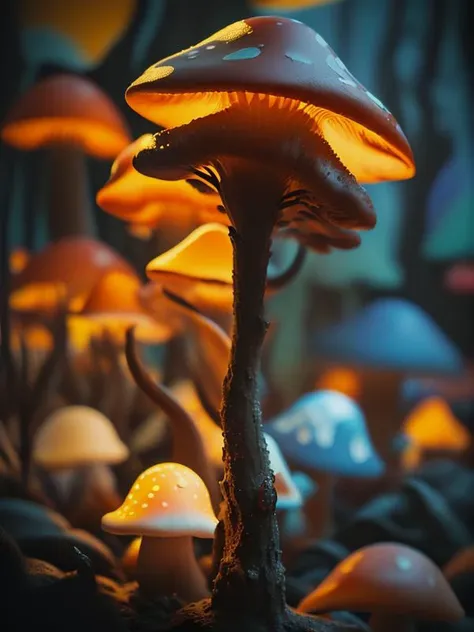 best quality,masterpiece, realistic,glowing mushroom, big ,solo,outdoors, high quality, masterpiece,soft light, Subsurface scattering, (Fauvism style, maximalism:1.3)