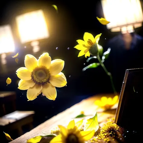 photoreal+, photorealistic+, (large yellow flower falling)++ on the table, blossom flies down in the air, 1flower, solo, flower petals scattered around, (macro photography), dramatic lighting, atmospheric, vaporwave, diamond dust bokeh, freeze frame