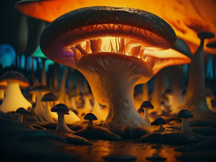 best quality,masterpiece, realistic,glowing mushroom, big ,solo,outdoors, high quality, masterpiece,soft light, Subsurface scattering, (Fauvism style, maximalism:1.3)