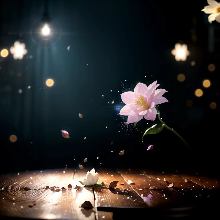 photoreal+, photorealistic+, (large flower falling)++ on the table, 1flower, solo, flower petals scattered around, (macro photography), dramatic lighting, atmospheric, vaporwave, diamond dust bokeh, freeze frame