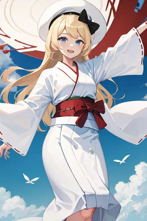best quality, masterpiece, highres, solo, {white kimono:1.35}, {red hakama:1.35}, {wide sleeves:1.20}, {jervis_kantaicollection:1.15}, blonde_hair, long_hair, blue_eyes, hat, white_headwear, sailor_hat, smile, open_mouth