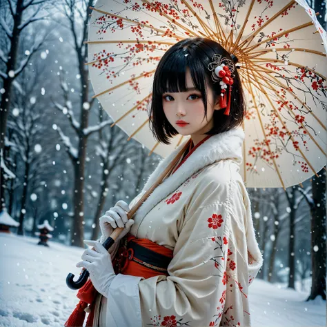 score_9,score_8_up,score_7_up,side_view ,1girl, solo, looking_at_viewer, short_hair, bangs, black_hair,hair_ornament, white_gloves, long_sleeves, holding, outdoors, japanese_clothes,  wide_sleeves, blunt_bangs, kimono, blurry, tree, sash, fur_trim, makeup, blurry_background, colored_skin, umbrella, bob_cut, pale_skin, snow, snowing, holding_umbrella, red_lips, oil-paper_umbrella, red_umbrella