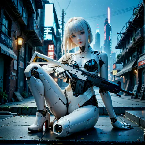 score_9,score_8_up,score_7_up,looking_at_viewer,front_side_view,(full_body), 
1girl,(white_skin,white_robot_body,white_mechanical_body,ceramic_body,glowing_body,holding_submachine_gun,white_gun:1.2),cute,young,perfect_face,oval_face,beautiful,temperament,feminine_charmsexy,beautiful_eyes,bishoujo,sitting_on_guardrail,arm_support,knee_up,leg_up,thin_thighs,(open_mouth,red_lips:0.8),sexy_pose,straight_hair,white_hair,short_hair,blunt_bangs,
cyber,roof,guardrail,future_world,mechanical_world,night,late_at_night,darkness,neon_lights,