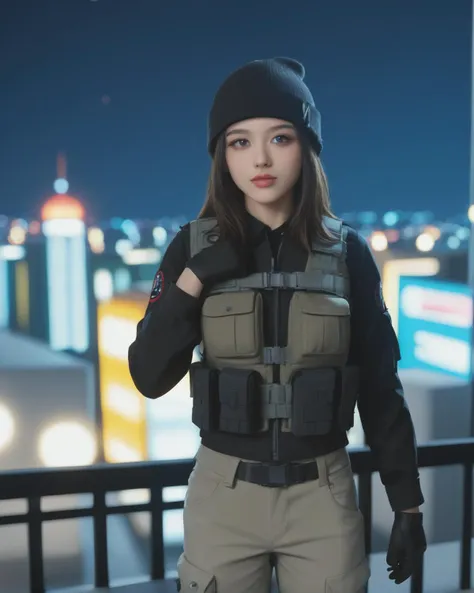 Beautiful girl, highly detailed face, (wearing FBI-issued sexy black tactical attire:1.2). Lots of straps and belts. Black gloves. Bullet proof vest. Cargo pants. Perfect eyes, highly detailed beautiful expressive eyes, detailed eyes. On the top of a skyscraper at night. City lights. Black beanie. Vast open view in the background, City Lights at night. Dynamic vivid colors. Bright neon colors, eerie atmosphere, dark lighting. Depth of field, bokeh, (masterpiece) (best quality) (detailed) (8k) (wallpaper) (cinematic lighting) (sharp focus) (intricate).