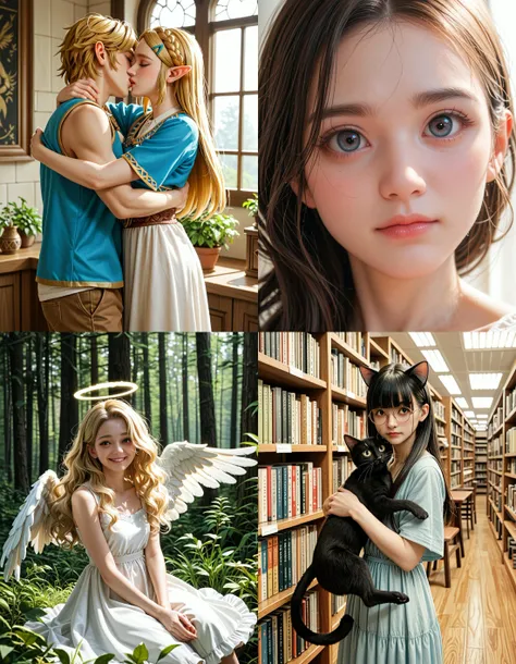 https://civitai.com/articles/5300 ___ All images: score_9, score_8_up, score_7_up ___ 1st image: 1girl, 1boy, Princess_Zelda, \(The_Legend_of_Zelda:_Breath_of_the_Wild\), standing, kiss, hug, closed_eyes ___ 2nd image: 1girl, lovely face, portrait, close-up, looking_at_viewer, closed_mouth ___ 3rd image: 1girl, solo, blonde_hair, wavy_hair, angel, angel_wings, halo, smile, sitting, forest, white_dress ___ 4th Image: 1girl, solo, long_hair, black_hair, blunt_bangs, straight_hair, round_eyewear, cat_girl, cat_ears, cat_tail, standing, hug cat, looking_at_viewer, library