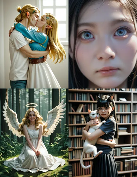 https://civitai.com/articles/5300 ___ All images: score_9, score_8_up, score_7_up ___ 1st image: 1girl, 1boy, Princess_Zelda, \(The_Legend_of_Zelda:_Breath_of_the_Wild\), standing, kiss, hug, closed_eyes ___ 2nd image: 1girl, lovely face, portrait, close-up, looking_at_viewer, closed_mouth ___ 3rd image: 1girl, solo, blonde_hair, wavy_hair, angel, angel_wings, halo, smile, sitting, forest, white_dress ___ 4th Image: 1girl, solo, long_hair, black_hair, blunt_bangs, straight_hair, round_eyewear, cat_girl, cat_ears, cat_tail, standing, hug cat, looking_at_viewer, library