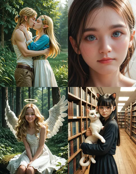 https://civitai.com/articles/5300 ___ All images: score_9, score_8_up, score_7_up ___ 1st image: 1girl, 1boy, Princess_Zelda, \(The_Legend_of_Zelda:_Breath_of_the_Wild\), standing, kiss, hug, closed_eyes ___ 2nd image: 1girl, lovely face, portrait, close-up, looking_at_viewer, closed_mouth ___ 3rd image: 1girl, solo, blonde_hair, wavy_hair, angel, angel_wings, halo, smile, sitting, forest, white_dress ___ 4th Image: 1girl, solo, long_hair, black_hair, blunt_bangs, straight_hair, round_eyewear, cat_girl, cat_ears, cat_tail, standing, hug cat, looking_at_viewer, library