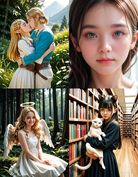 https://civitai.com/articles/5300 ___ All images: score_9, score_8_up, score_7_up ___ 1st image: 1girl, 1boy, Princess_Zelda, \(The_Legend_of_Zelda:_Breath_of_the_Wild\), standing, kiss, hug, closed_eyes ___ 2nd image: 1girl, lovely face, portrait, close-up, looking_at_viewer, closed_mouth ___ 3rd image: 1girl, solo, blonde_hair, wavy_hair, angel, angel_wings, halo, smile, sitting, forest, white_dress ___ 4th Image: 1girl, solo, long_hair, black_hair, blunt_bangs, straight_hair, round_eyewear, cat_girl, cat_ears, cat_tail, standing, hug cat, looking_at_viewer, library