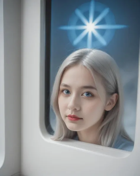 Photo of an ethereal gorgeous humanoid alien girl. Her body appears to be made of a white plastic porcelain material:1.2). Intricate lines and patterns adorn her body. She's surrounded by an ethereal neon blue fog. Sleek futuristic look. Erotic and sensual. In a spaceship. (View of glowing galaxy through the window:1.2). Sterile, portrait photography, cinematic, white and light gray color scheme. 8k, RAW photo, best quality, ultra high res, intricate, photorealistic, masterpiece, ultra-detailed, crisp, vivid lighting.