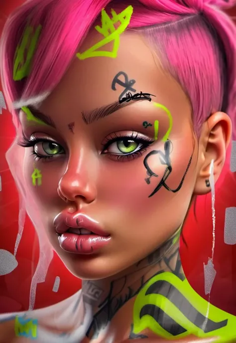 <lora:lush_lora_xl:1> <lora:aubreyplaza_sdxl_lora_15:.5>((puffy lips)), ((pronounced cheek bones)), red cheeks, tattoos, 3d, cgi, ((freckles)), blush, make up, toy, doll, robot, android woman, dark, high contrast, oily face with glare, thick hairy eye brows, double lush, strong colors, sexy, large blue and green eyes, neck band, messy, drawn by hand, drawn with a spray can
Negative prompt, a beautiful girl woman face,