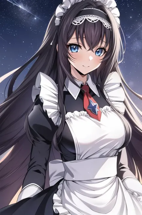 light_particles,star_\(sky\), starry_sky_print,
Standing at attention, (close-up),
maid headdress, maid apron,
<lora:Maya_Diesel_Code_Geass-KK77-V2:0.7>, maid,
Black_hair,long_hair,blue_eyes,bangs,hairband,
1 girl, 20yo,mature female,Beautiful Finger,Beautiful long legs,Beautiful body,Beautiful Nose,Beautiful character design, perfect eyes, perfect face,
looking at viewer, in the center of the image,
NSFW,official art,extremely detailed CG unity 8k wallpaper, perfect lighting,Colorful, Bright_Front_face_Lighting,
(masterpiece:1.0),(best_quality:1.0), ultra high res,4K,ultra-detailed,
photography, 8K, HDR, highres, absurdres:1.2, Kodak portra 400, film grain, blurry background, bokeh:1.2, lens flare, (vibrant_color:1.2)
(Beautiful,large_Breasts:1.3), (beautiful_face:1.5),(narrow_waist),