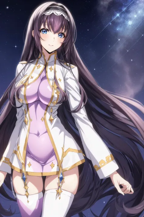 light_particles,star_\(sky\), starry_sky_print,
Standing at attention,
purple outfit and gold trims,long_sleeves,white and Pink shirt,white_gloves,
<lora:Maya_Diesel_Code_Geass-KK77-V2:0.7>, gold trimmed headband,
Black_hair,long_hair,blue_eyes,bangs,garter_straps, hairband,
1 girl, 20yo,mature female,Beautiful Finger,Beautiful long legs,Beautiful body,Beautiful Nose,Beautiful character design, perfect eyes, perfect face,
looking at viewer, in the center of the image,
NSFW,official art,extremely detailed CG unity 8k wallpaper, perfect lighting,Colorful, Bright_Front_face_Lighting,
(masterpiece:1.0),(best_quality:1.0), ultra high res,4K,ultra-detailed,
photography, 8K, HDR, highres, absurdres:1.2, Kodak portra 400, film grain, blurry background, bokeh:1.2, lens flare, (vibrant_color:1.2)
(Beautiful,large_Breasts:1.3), (beautiful_face:1.5),(narrow_waist),