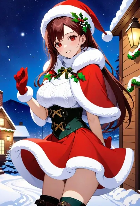 masterpiece, best quality, 1girl, <lora:tifa-xl-nvwls-v1-000005:0.9> xmasTifa, red eyes, low-tied long hair, santa hat, red capelet, fur trim, white turtleneck sweater, corset, fur-trimmed gloves, red skirt, fur-trimmed boots, snow, mistletoe, wreath, house, christmas lights, looking at viewer, smile, night sky, blizzard