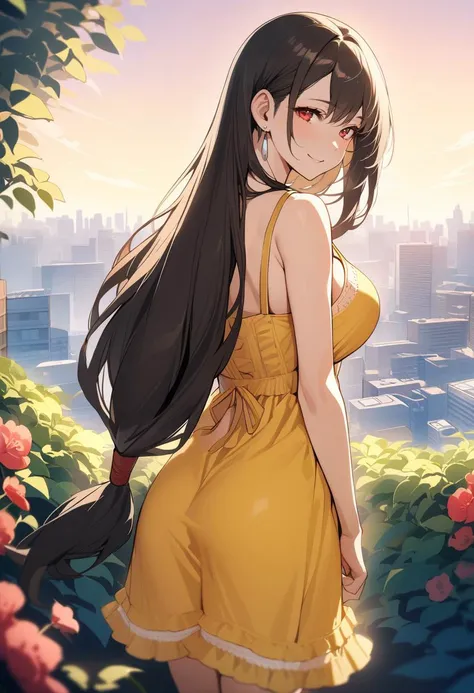 masterpiece, best quality, 1girl, highly detailed <lora:tifa-xl-nvwls-v1-000005:0.9> defTifa, red eyes, low-tied long hair, earrings, yellow sundress, from behind, garden, cityscape, blue sky, contrails, looking back, smile