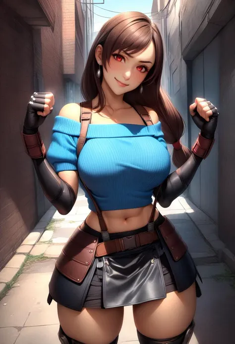 masterpiece, best quality, 1girl, <lora:tifa-xl-nvwls-v1-000005:0.9> metTifa, red eyes, low-tied long hair, earrings, cropped sweater, blue sweater, off-shoulder, midriff, short sleeves, suspender skirt, elbow gloves, fingerless gloves, armored legwear, furrowed brow, smile, cowboy shot, alleyway, looking at viewer, fists