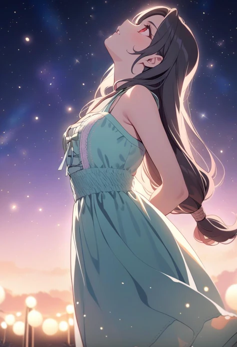 masterpiece, best quality, 1girl, pastel colors, <lora:tifa-xl-nvwls-v1-000005:0.9> pastTifa, red eyes, low-tied long hair, aqua sundress, sleeveless, sandals, night sky, stars, swirls of light, upper body, wide shot, looking up, worried