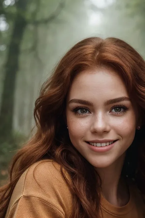 closeup headshot of S183_ErikaPostnikova,a beautiful woman,in a (foggy-forest:1.1),wearing a (sweat-shirt:1.1),(smiling:1.1),(8k, RAW photo, best quality, depth of field, ultra high res:1.2),(absurdres, intricate, photorealistic, masterpiece, ultra-detailed:1.3),