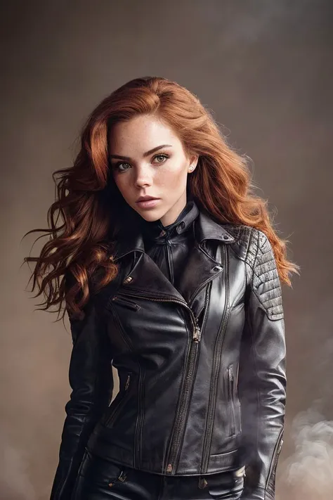 headshot of S183_ErikaPostnikova,a gorgeous woman,in front of a (smoke-screen:1.1),wearing a (leather-jacket:1.1),(8k, RAW photo, best quality, depth of field, ultra high res:1.2),(absurdres, intricate, photorealistic, masterpiece, ultra-detailed:1.3),