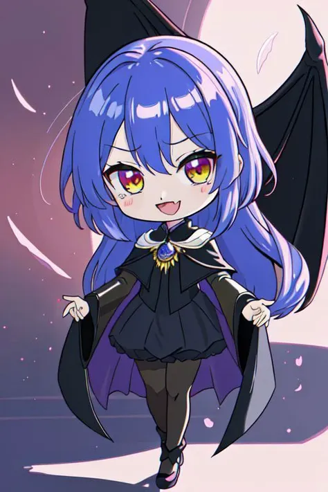 (Earth-QualityPos, Best_QualityPos,  CelShade), (chibi, super deformed, huge head, kawaii:1.2), evil vampire princess wearing dark pastel (ruffled:1) (gleaming:1) gown with (full body latex vampire cape:1) and (shiny transparent sleeves:1.2), soft lighting, (lots of frills and bows:1), (cute little fang, skin fang, simplified hands, :D:1), (vmpr:1), (red eyes, glowing eyes, pale blue skin, jiangshi, evil smile:1.2), (lots of frills, lace and bows:1), (red moon background:1.3),