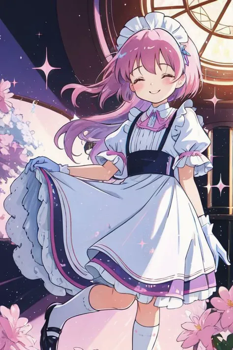 Earth-QualityPos, Best_QualityPos, CelShade, kawaii, cute, cute maid, pastel (ruffled:1) (glossy:1) dress, latex maid gloves, (shiny glossy translucent clothing:1.1), soft lighting, (Mary Janes shoes:1), ruffles, (bobby socks:1), (happy smile with closed eyes), (curtsy:1.1), (inside lavished mansion, detailed background:1), (sparkling hair, sparkling clothes:1.2), 1girl