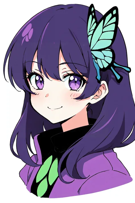 1girl, solo, looking at viewer, smile, black hair, hair ornament, closed mouth, purple eyes, jacket, purple hair, bug, butterfly, portrait, butterfly hair ornament, haori, colorful, demon slayer uniform CelShade