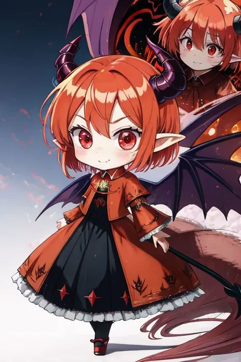 (Earth-QualityPos, Best_QualityPos,  CelShade), (chibi, super deformed, huge head, kawaii:1.3), (full body, wide shot), (demonic squirrel princess) wearing cute (evil gown:1.3) with (glossy transparent wide sleeves:1), soft lighting, (lots of frills and bows:1), (cute little fang, simplified hands:1), (pointy ears, one fluffy squirrel tail, tail color matching hair, big demon horns, big demon wings, slit pupils:1.4),