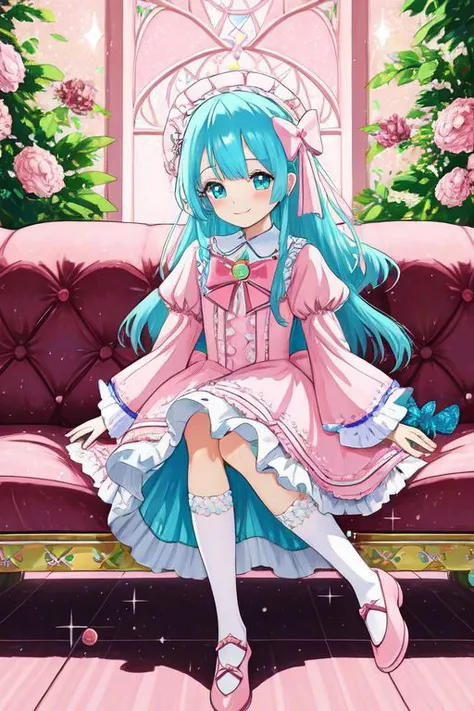 Earth-QualityPos, Best_QualityPos, CelShade, (kawaii, cute, ****tafashion:1), (cyan magical girl, long hair:1.2), (pastel ruffled ****tafashion dress:1.2), (lace gloves, multilayered dress:1), (shiny glossy clothing:1.1), soft lighting, (cute shoes, ****tafashion shoes, shoes focus:1.2), (many ruffles, many big bows, lace:1.3), (bobby socks:1), (happy smile:1), (sitting on pink sofa:1.3), (sparkling hair, sparkling clothes, sparkling eyes:1.1),