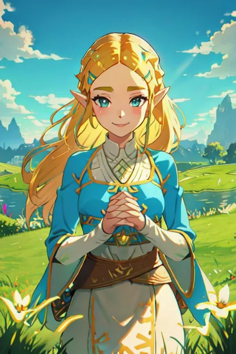 Zelda,botw style,cute,smiling,hands grabbing,beautiful sky,grass background,shiny sun,masterpiece,looking at viewer,beautiful face