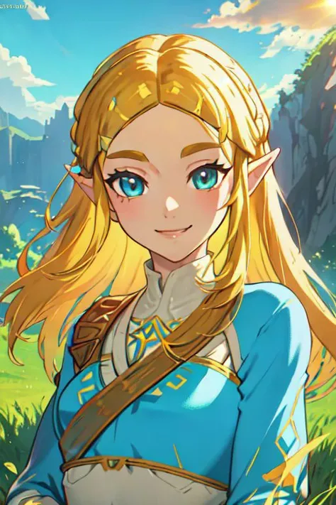 Zelda,botw style,cute,smiling,detailed eyes,beautiful sky,grass background,shiny sun,masterpiece,looking at viewer,beautiful face