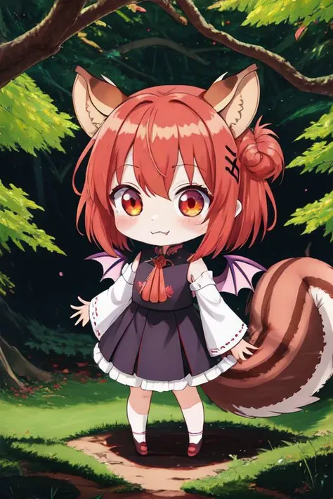 (Earth-QualityPos, Best_QualityPos,  CelShade), (chibi, super deformed, huge head, kawaii:1.5), (full body, wide shot), (demonic squirrel princess) wearing cute (evil gown:1) with (glossy transparent bishop sleeves:1.3), soft lighting, (lots of frills and bows:1), (cute little fang, simplified hands:1), (squirrel ears, one fluffy squirrel tail, tail color matching hair, big demon horns, big demon wings, slit pupils, rawr:1.4),