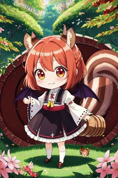 (Earth-QualityPos, Best_QualityPos, CelShade), (chibi, super deformed, huge head, kawaii:1.5), (full body, wide shot), (demonic squirrel princess) wearing cute gown with (glossy transparent bishop sleeves:1.3), soft lighting, (lots of frills and bows:1), (cute little fang, simplified hands:1), (squirrel ears, one fluffy squirrel tail, tail color matching hair, demon horns, demon wings:1.4),