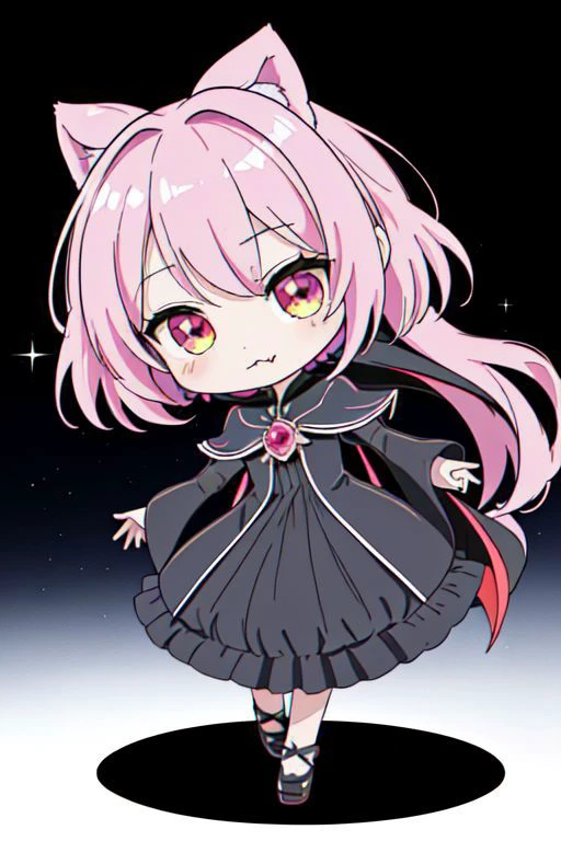 (Earth-QualityPos, Best_QualityPos, CelShade), (chibi, super deformed, huge head, kawaii:1.2), evil corrupted princess wearing dark pastel (ruffled:1) (gleaming:1) gown with (full body latex vampire cape:1) and (shiny transparent sleeves:1.2), soft lighting, (lots of frills and bows:1), (cute little fang, skin fang, simplified hands:1), (vmpr:1), (red eyes, glowing eyes, pale blue skin, jiangshi, evil smile:1.2), (lots of frills, lace and bows:1), (red moon background:1.3),